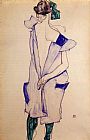 Dress Canvas Paintings - Standing Girl in a Blue Dress and Green Stockings Back View